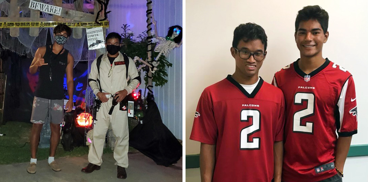 Image 1) Ian and Rohan in ghostbuster halloween costume Image 2) Ian and Rohan in Atlanta Falcon football jerseys